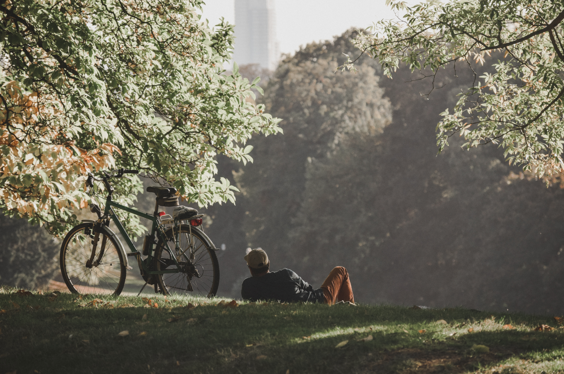 Resting under a tree with a bicycle.
